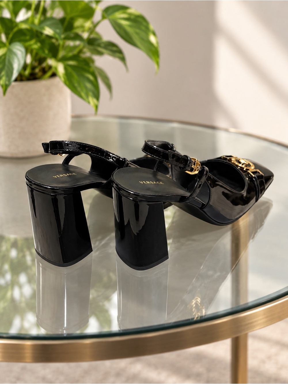 Versace Black Patent Slingback Block Heels with Gold Medusa Accent